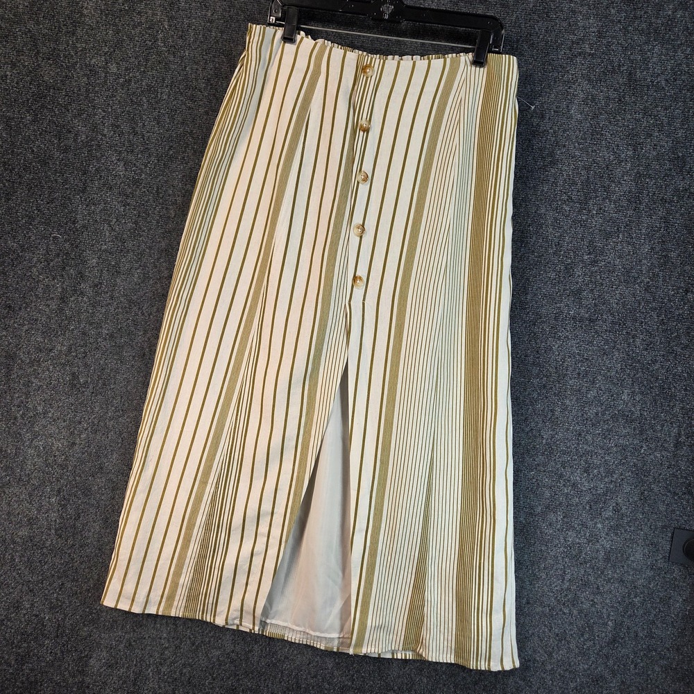 Coastal Linen Midi Skirt Striped Button Front Slit Summer Beachy Lightweight Lg - Picture 7 of 16